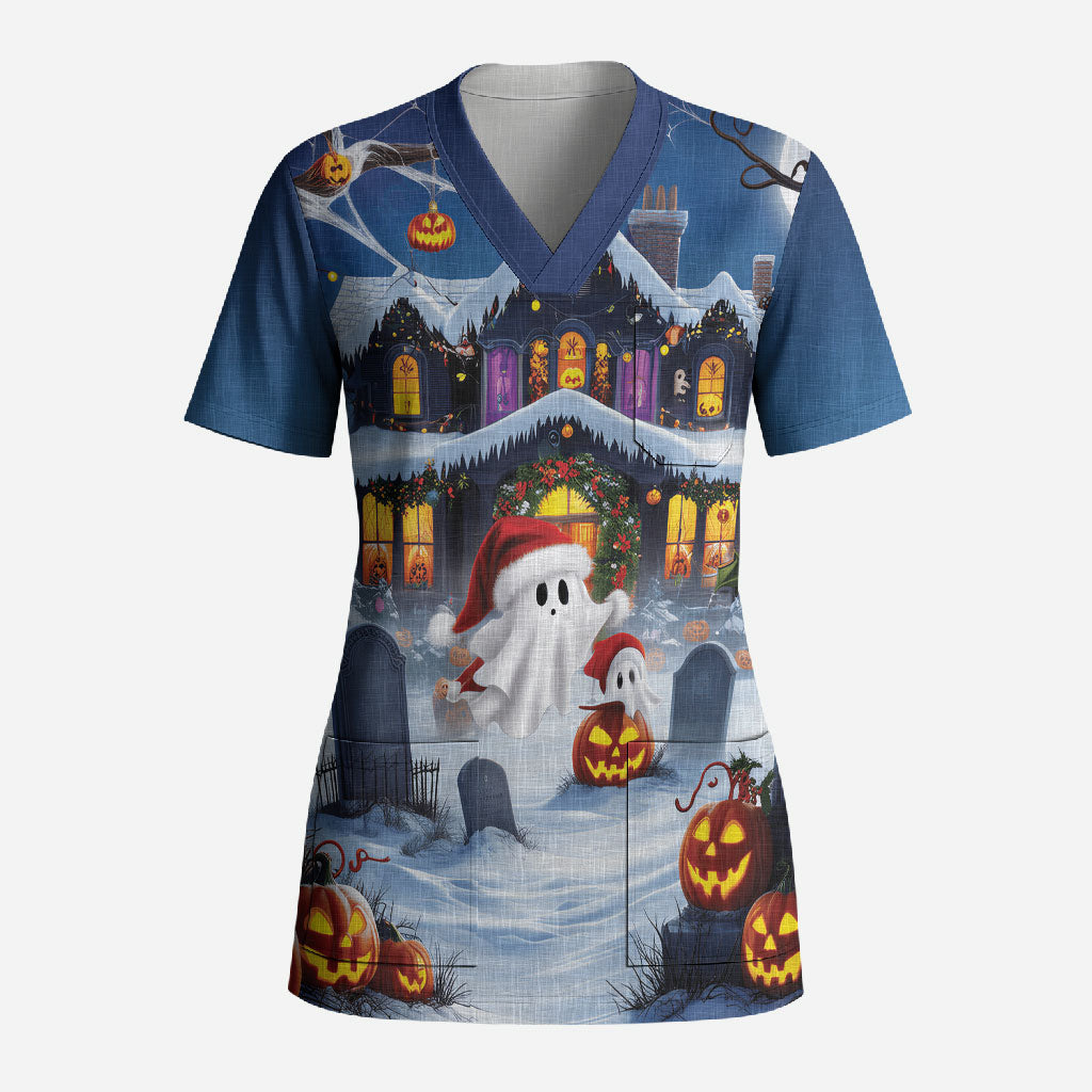 Halloween Christmas Scrub Top Funny Ghost Santa Christmas