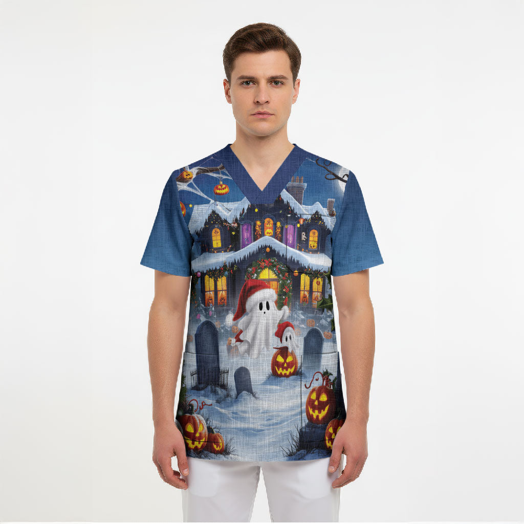 Halloween Christmas Scrub Top Funny Ghost Santa Christmas