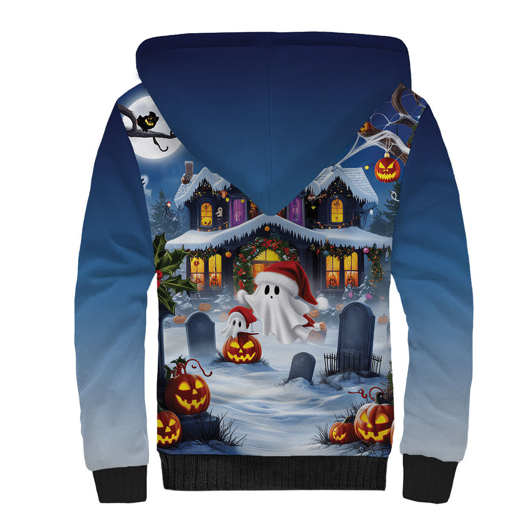 Halloween Christmas Sherpa Hoodie Funny Ghost Santa Christmas