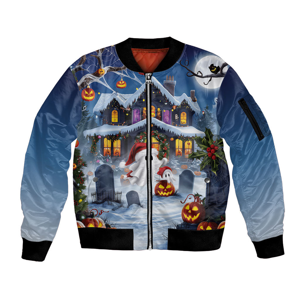 Halloween Christmas Sleeve Zip Bomber Jacket Funny Ghost Santa Christmas
