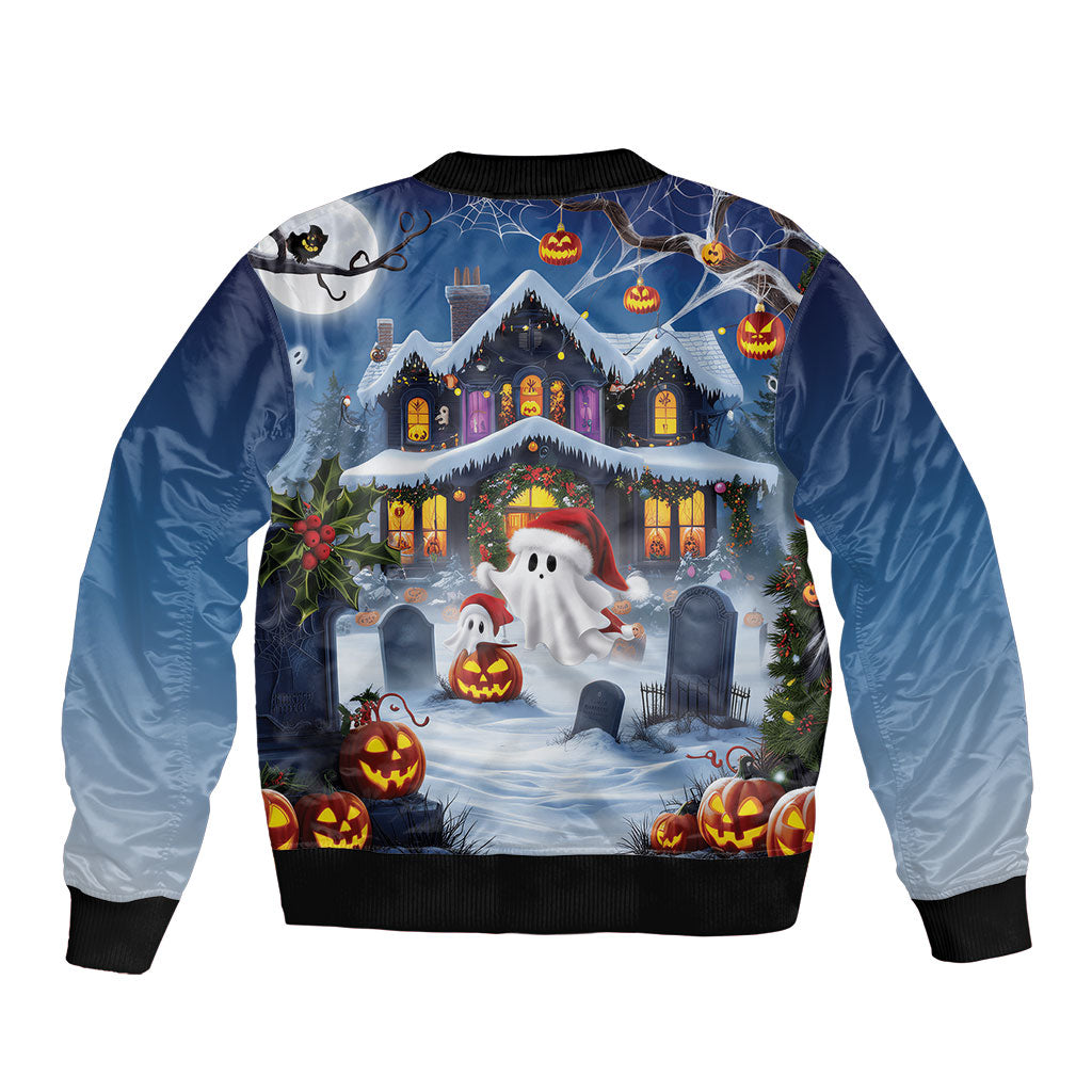 Halloween Christmas Sleeve Zip Bomber Jacket Funny Ghost Santa Christmas