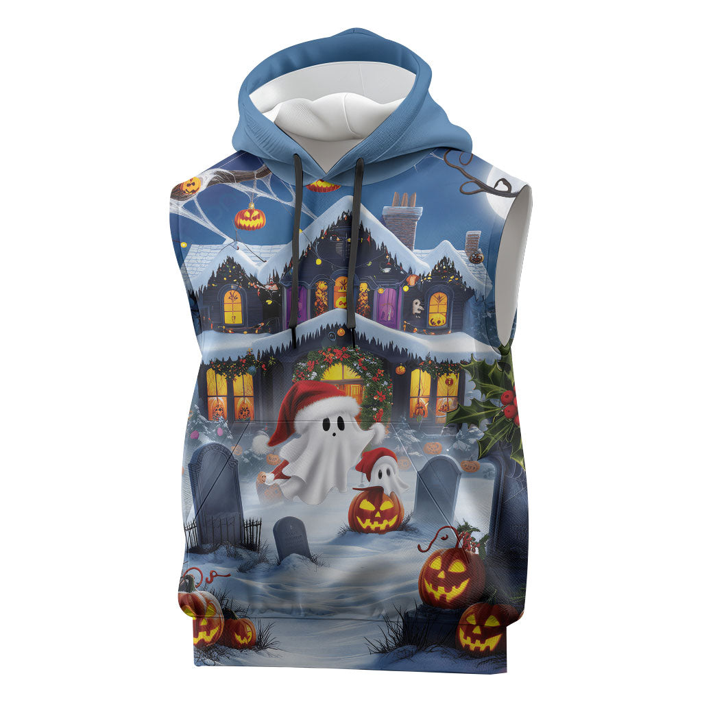 Halloween Christmas Sleeveless Hoodie Funny Ghost Santa Christmas