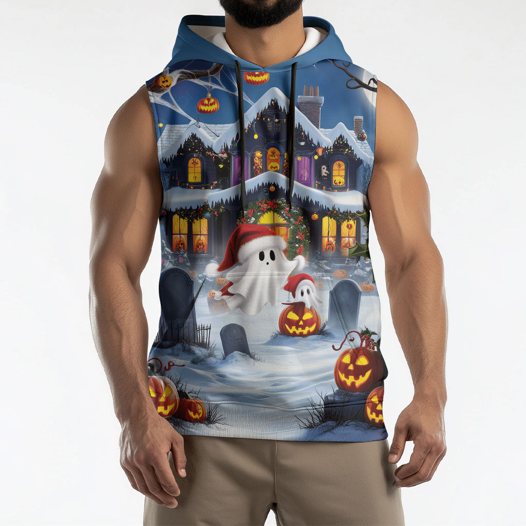Halloween Christmas Sleeveless Hoodie Funny Ghost Santa Christmas