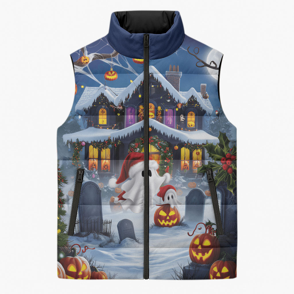 Halloween Christmas Sleeveless Puffer Jacket Funny Ghost Santa Christmas