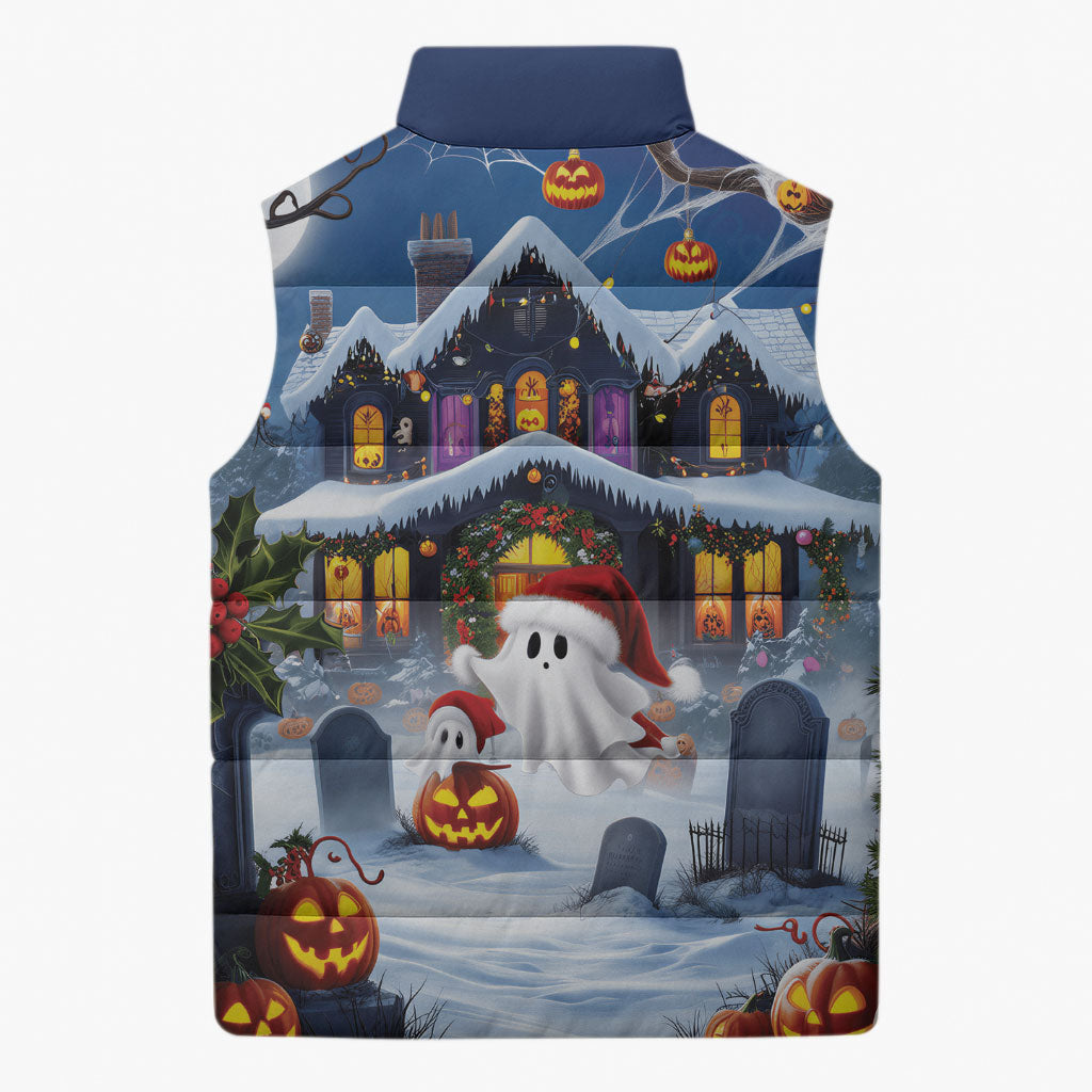 Halloween Christmas Sleeveless Puffer Jacket Funny Ghost Santa Christmas