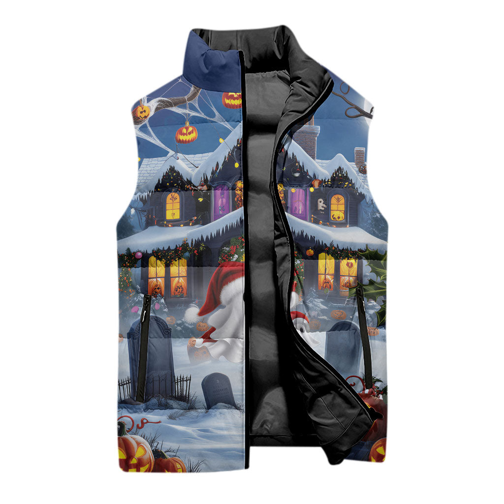 Halloween Christmas Sleeveless Puffer Jacket Funny Ghost Santa Christmas