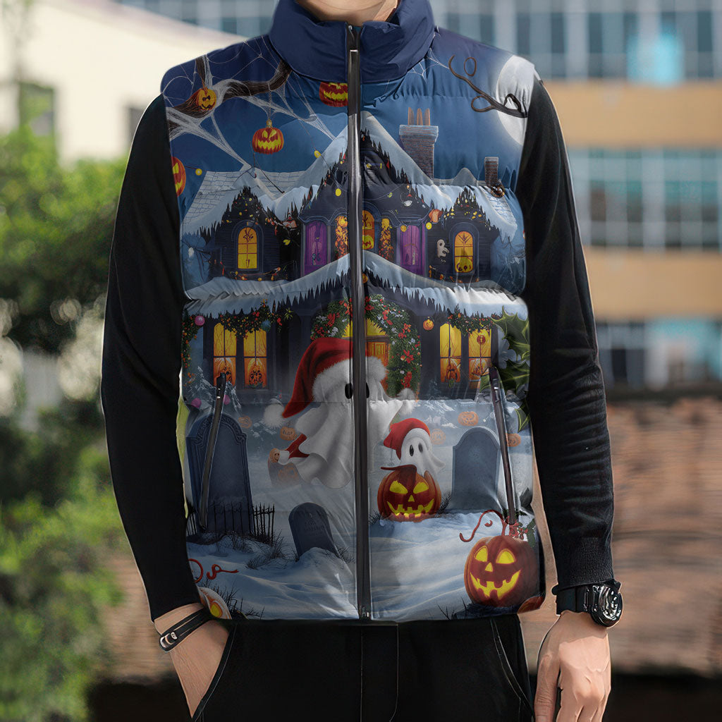 Halloween Christmas Sleeveless Puffer Jacket Funny Ghost Santa Christmas