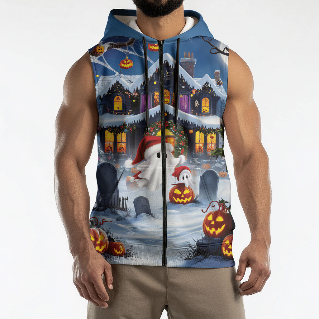 Halloween Christmas Sleeveless Zip Hoodie Funny Ghost Santa Christmas