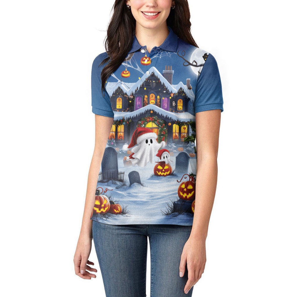 Halloween Christmas Women Polo Shirt Funny Ghost Santa Christmas