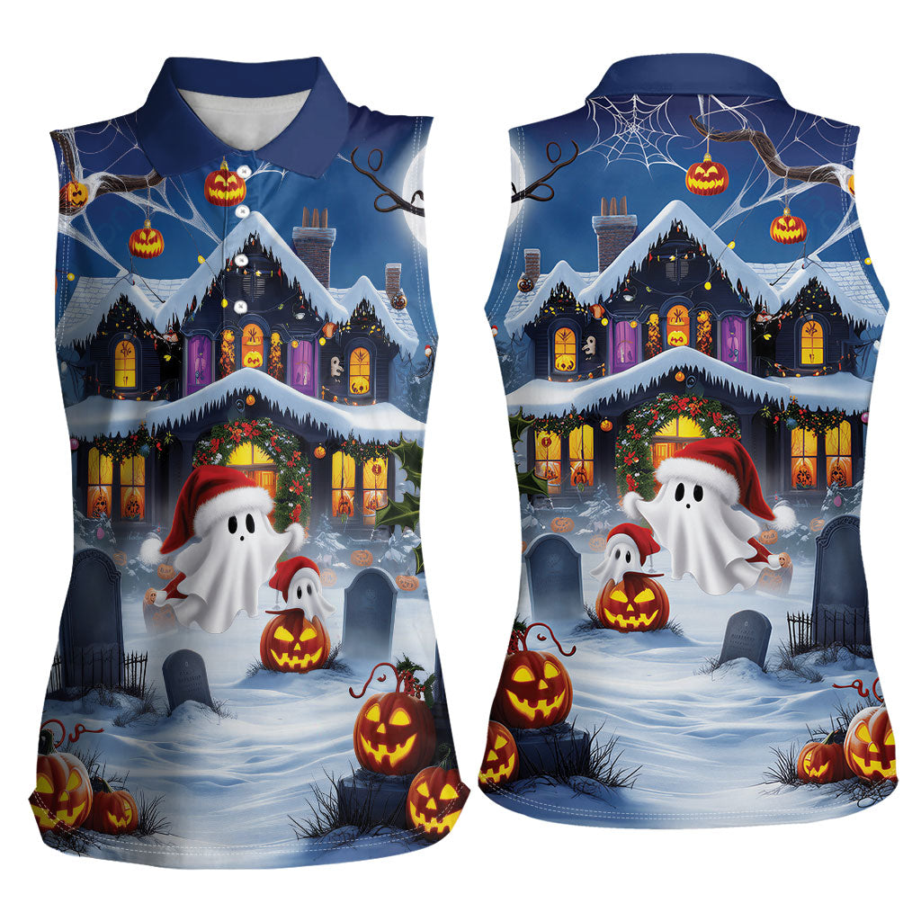 Halloween Christmas Women Sleeveless Polo Shirt Funny Ghost Santa Christmas