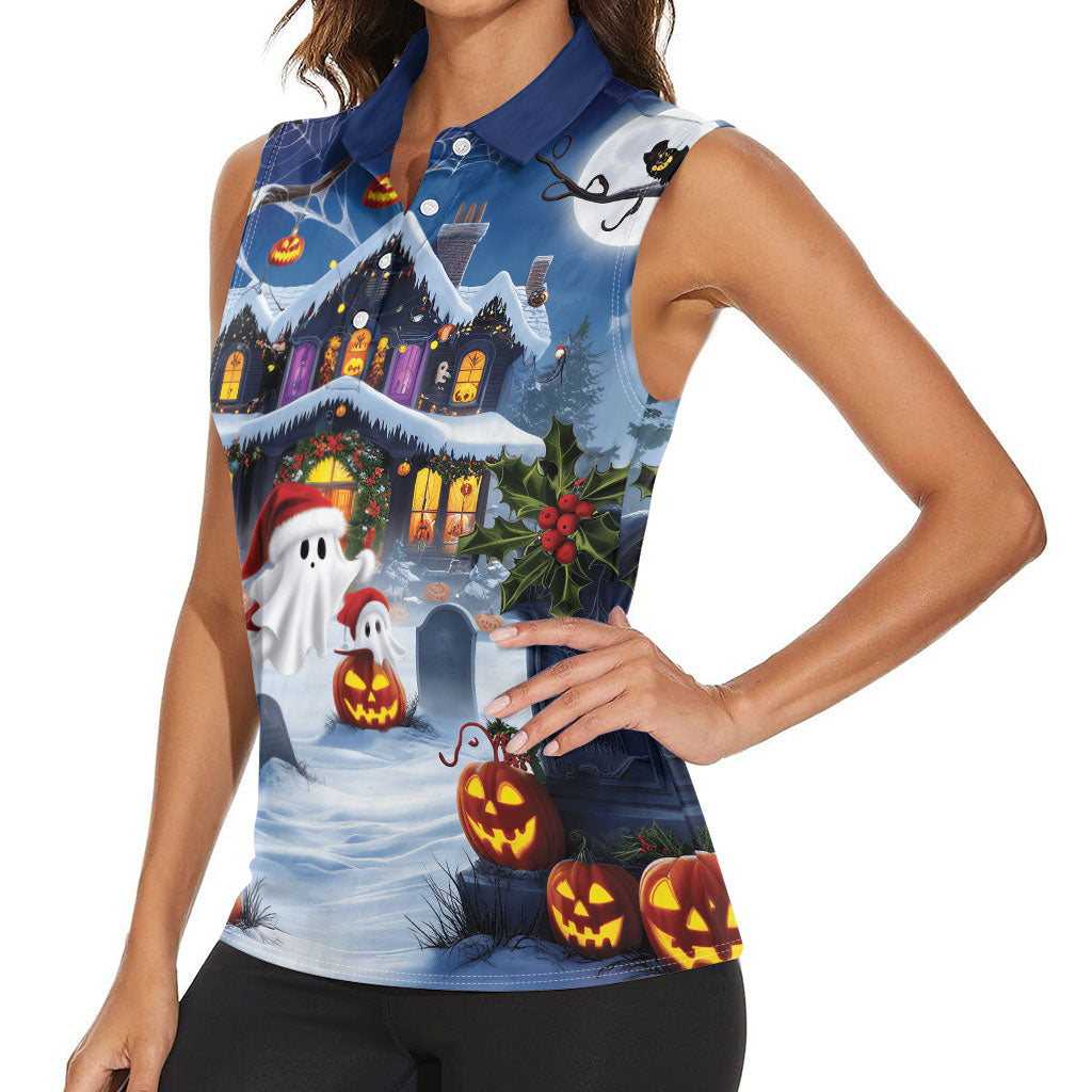 Halloween Christmas Women Sleeveless Polo Shirt Funny Ghost Santa Christmas