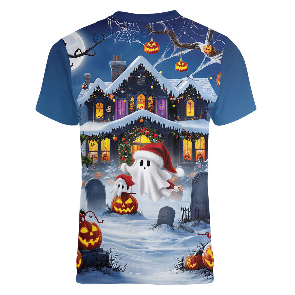 Halloween Christmas Women V-Neck T-Shirt Funny Ghost Santa Christmas