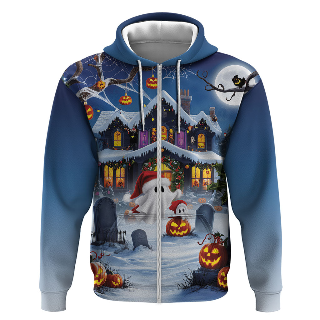 Halloween Christmas Zip Hoodie Funny Ghost Santa Christmas