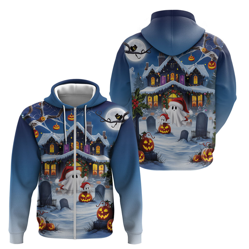 Halloween Christmas Zip Hoodie Funny Ghost Santa Christmas