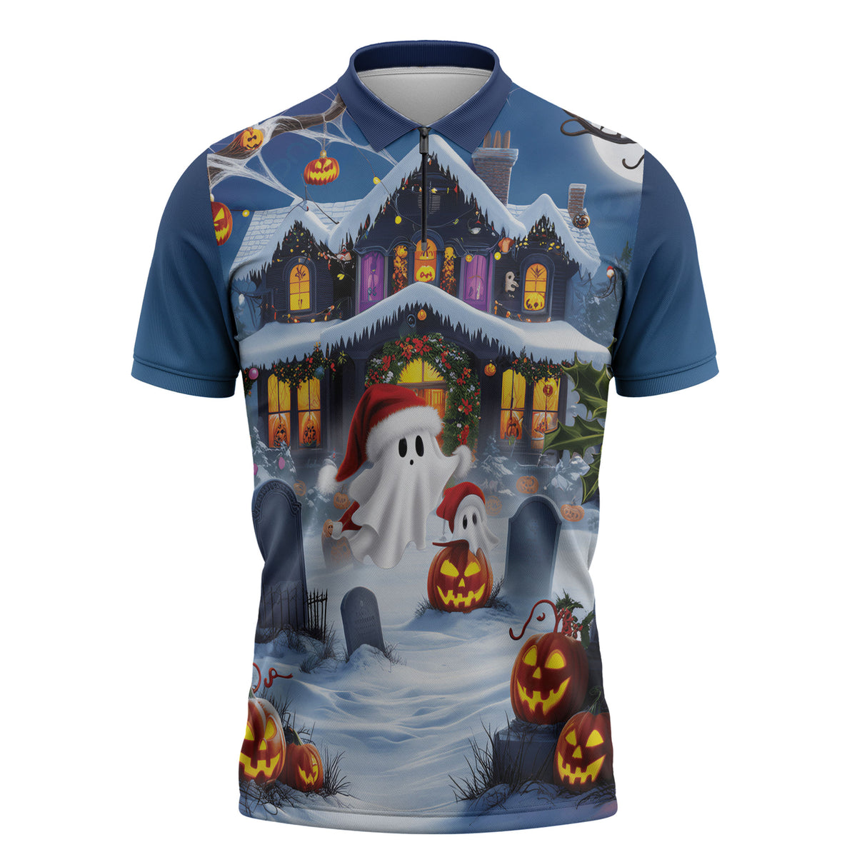 Halloween Christmas Zipper Polo Shirt Funny Ghost Santa Christmas