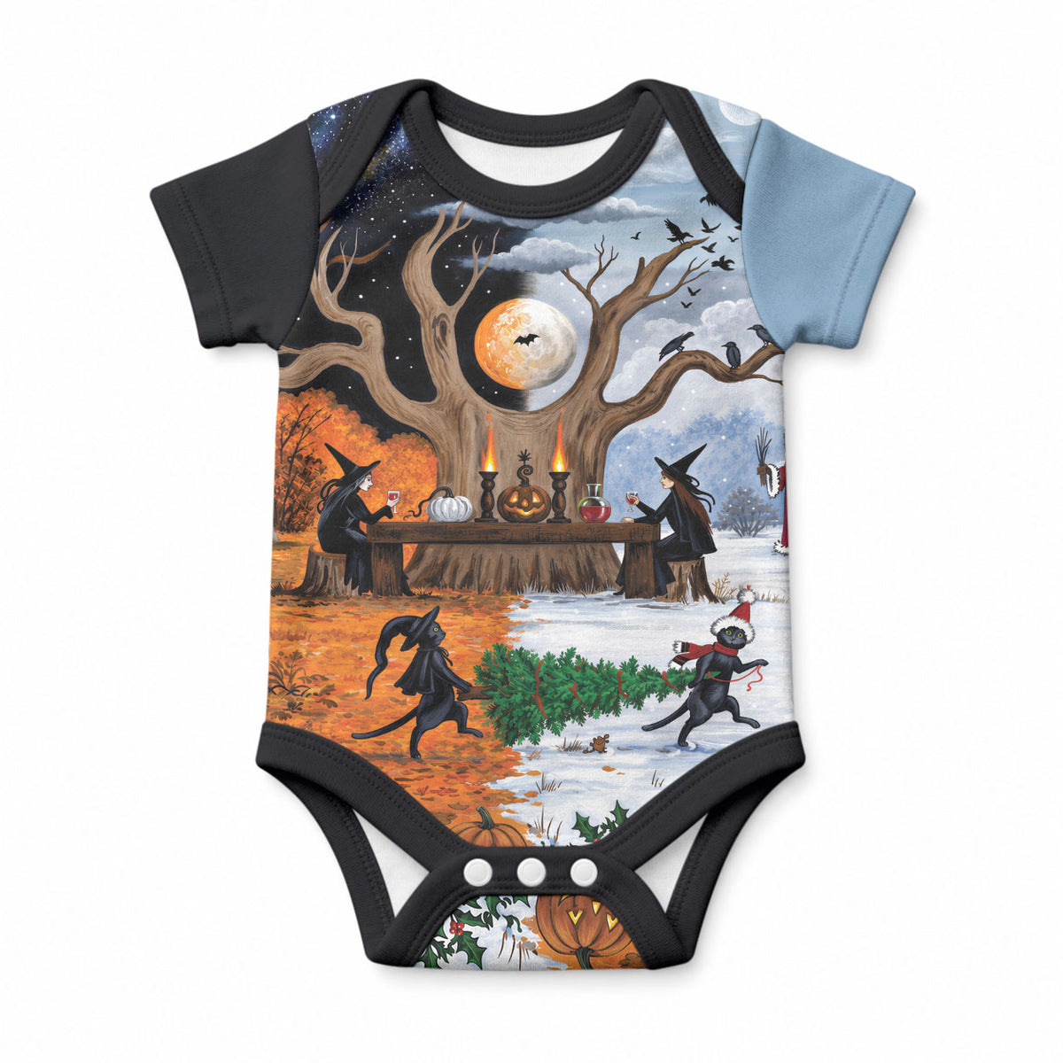 Halloween transitions into Christmas Baby Onesie Witches And Black Cat