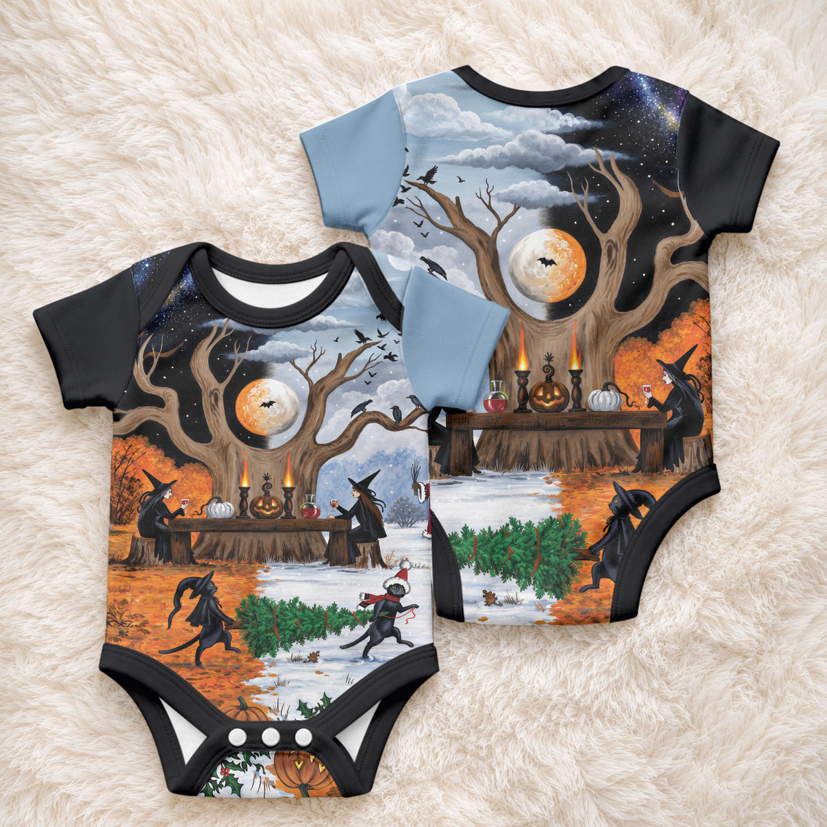 Halloween transitions into Christmas Baby Onesie Witches And Black Cat