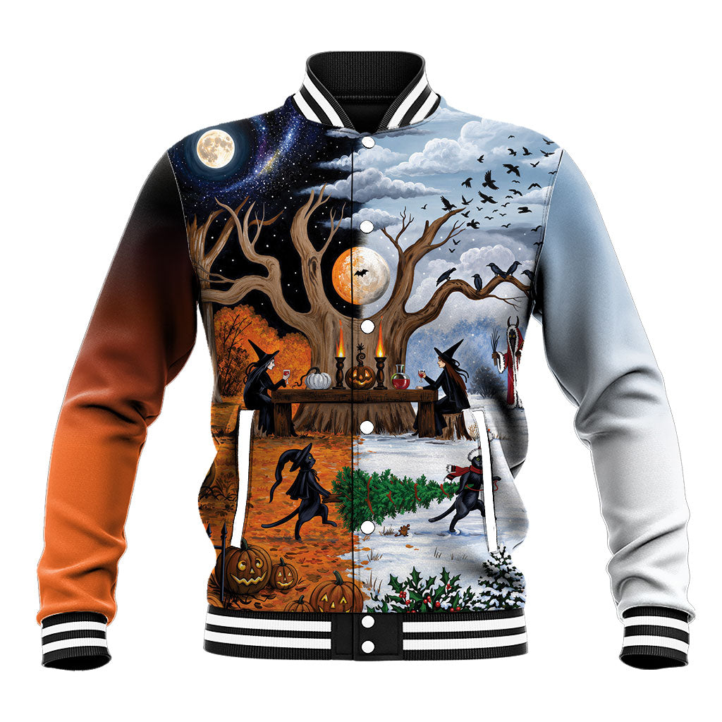 Halloween transitions into Christmas Baseball Jacket Witches And Black Cat