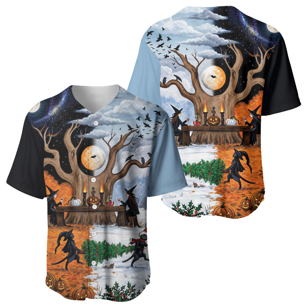 Halloween transitions into Christmas Baseball Jersey Witches And Black Cat
