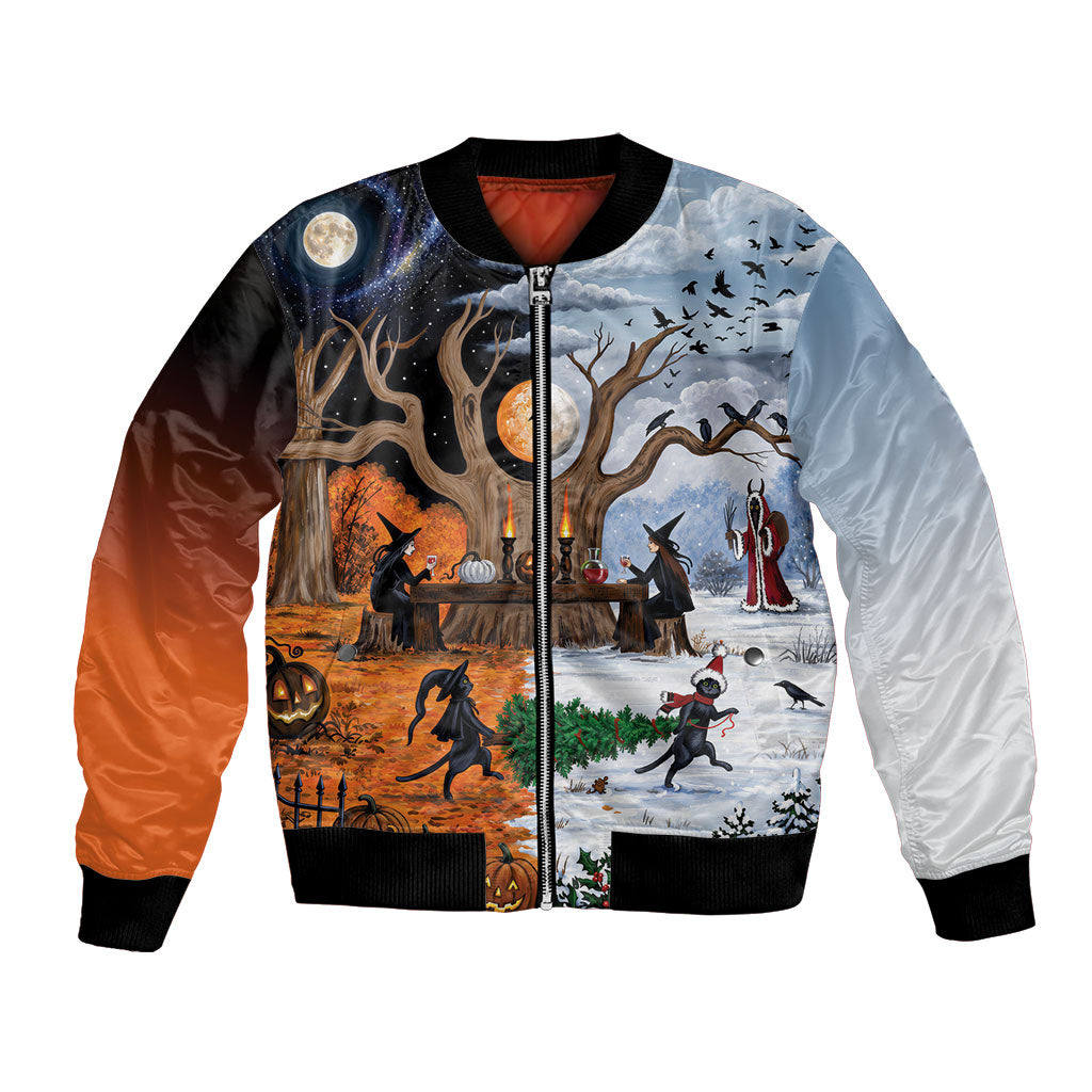 Halloween transitions into Christmas Bomber Jacket Witches And Black Cat