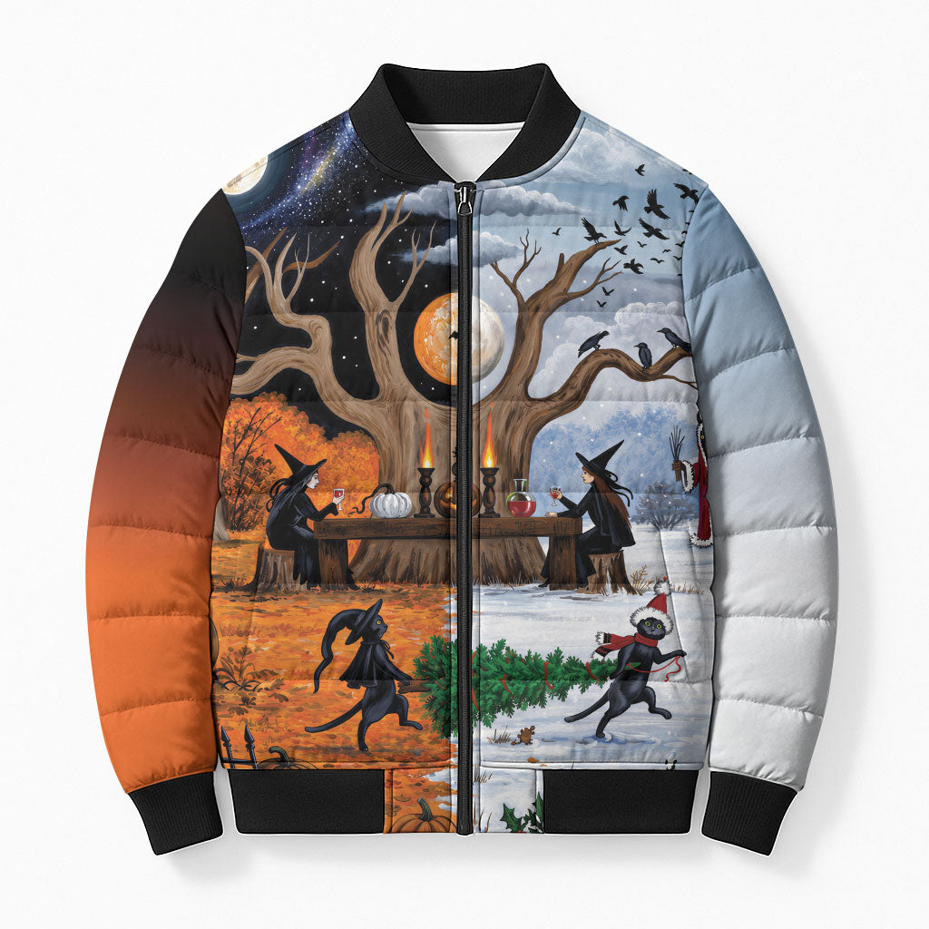 Halloween transitions into Christmas Bomber Puffer Jacket Witches And Black Cat
