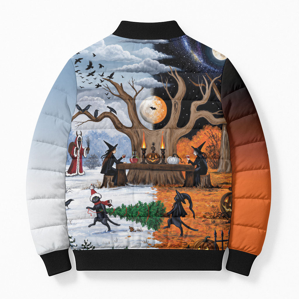 Halloween transitions into Christmas Bomber Puffer Jacket Witches And Black Cat