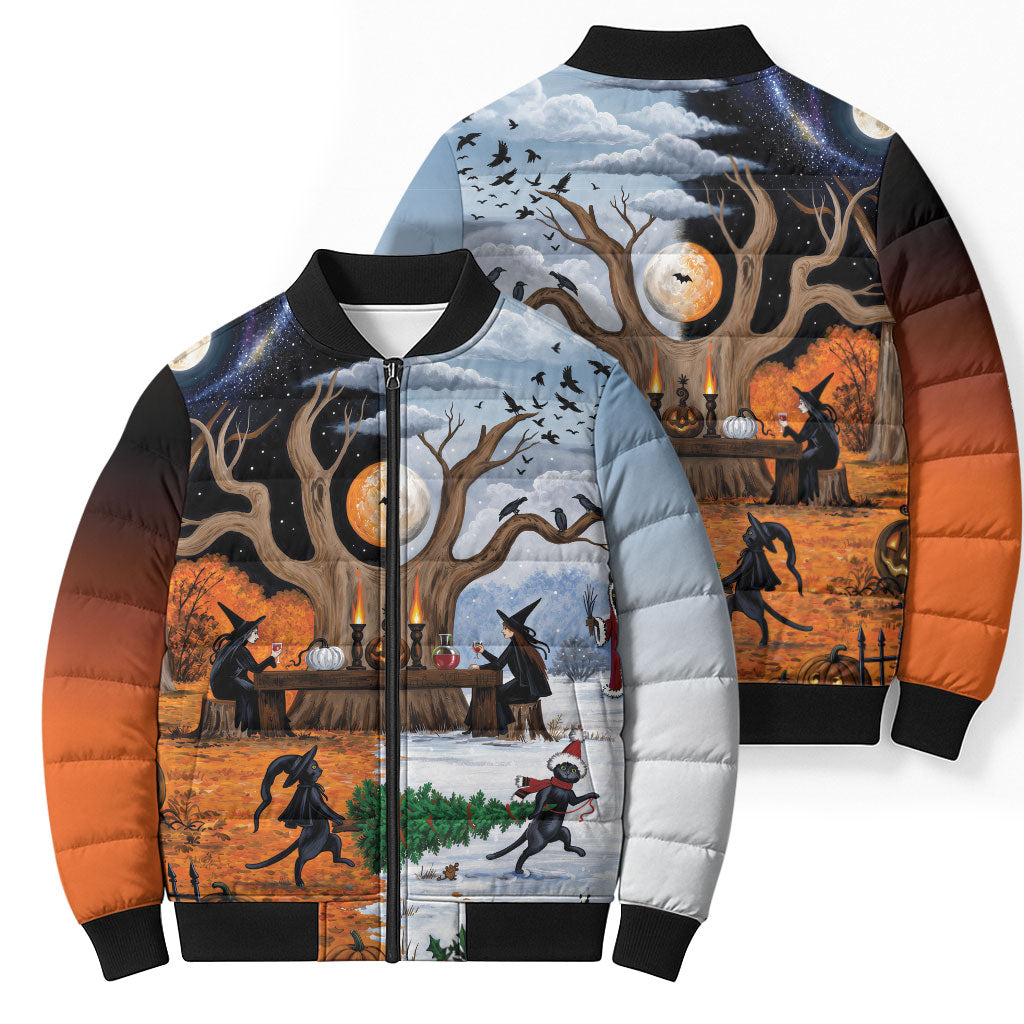 Halloween transitions into Christmas Bomber Puffer Jacket Witches And Black Cat