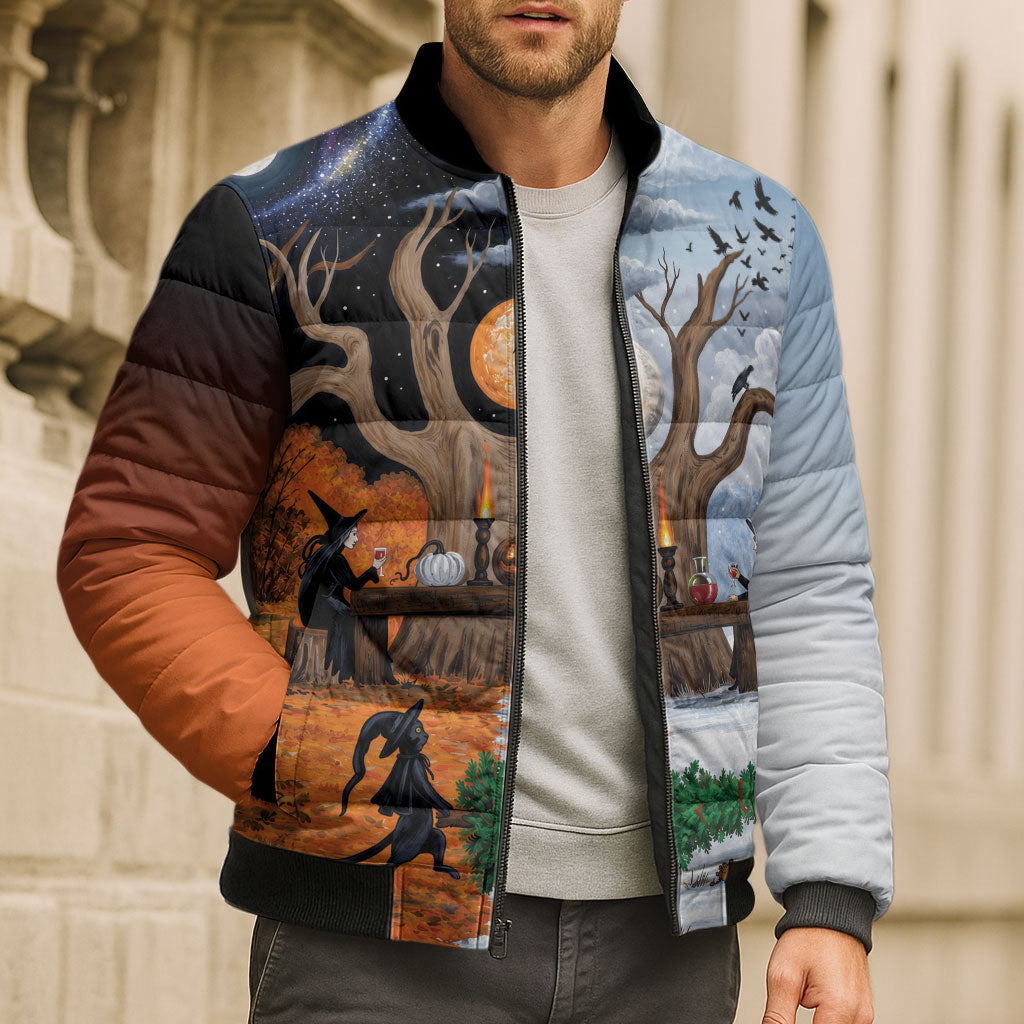 Halloween transitions into Christmas Bomber Puffer Jacket Witches And Black Cat