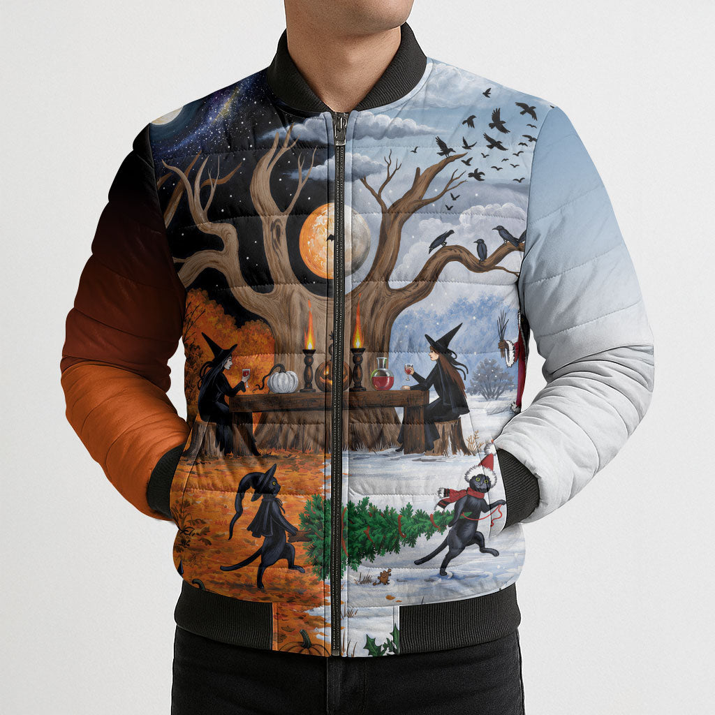 Halloween transitions into Christmas Bomber Puffer Jacket Witches And Black Cat
