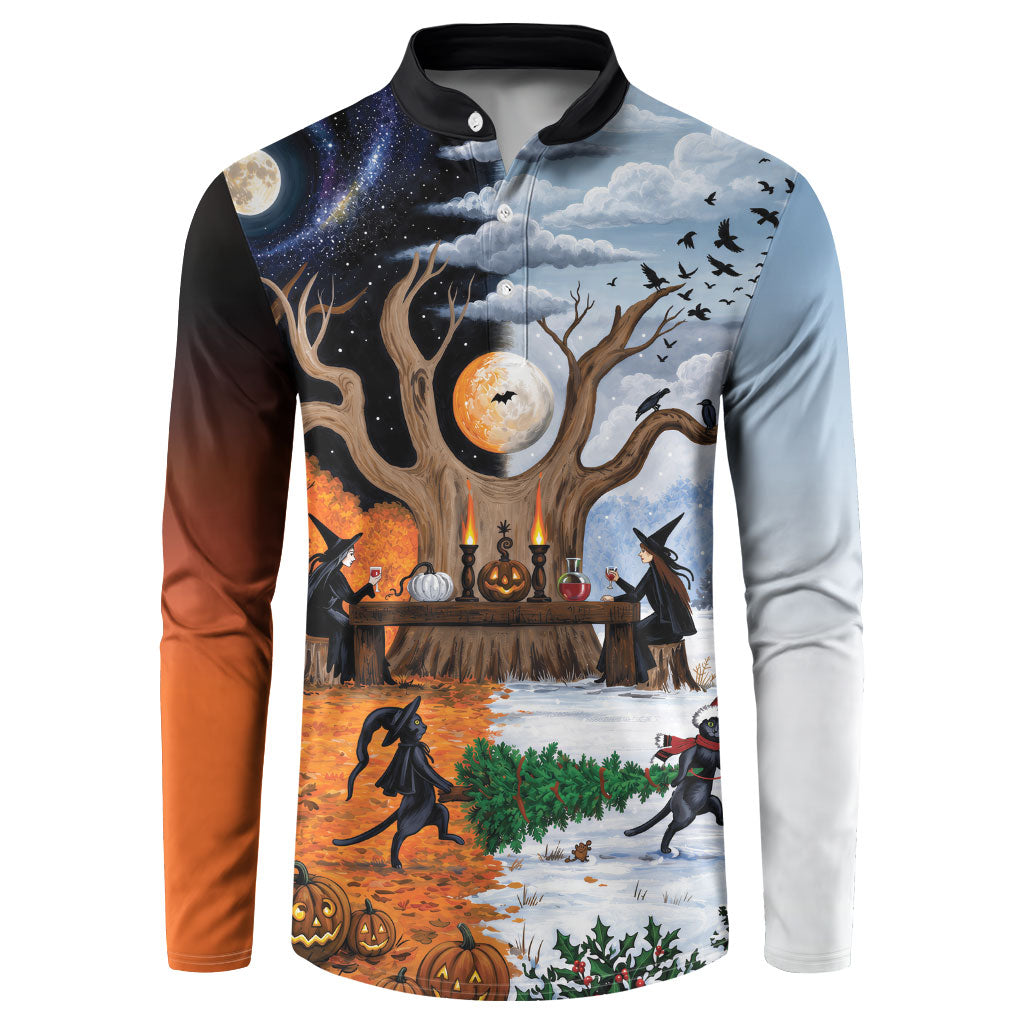 Halloween transitions into Christmas Button Sweatshirt Witches And Black Cat