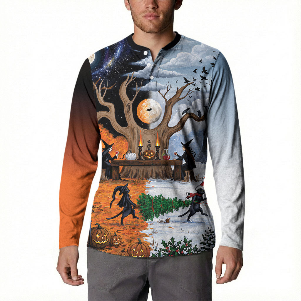 Halloween transitions into Christmas Button Sweatshirt Witches And Black Cat