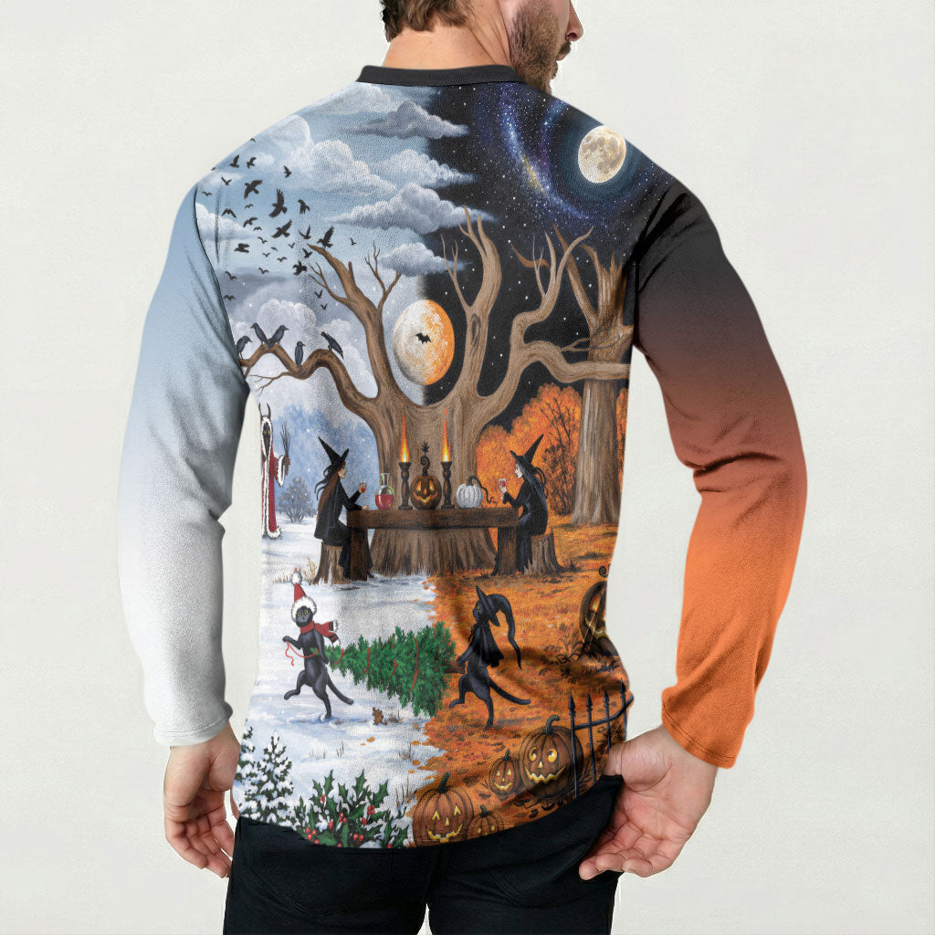 Halloween transitions into Christmas Button Sweatshirt Witches And Black Cat