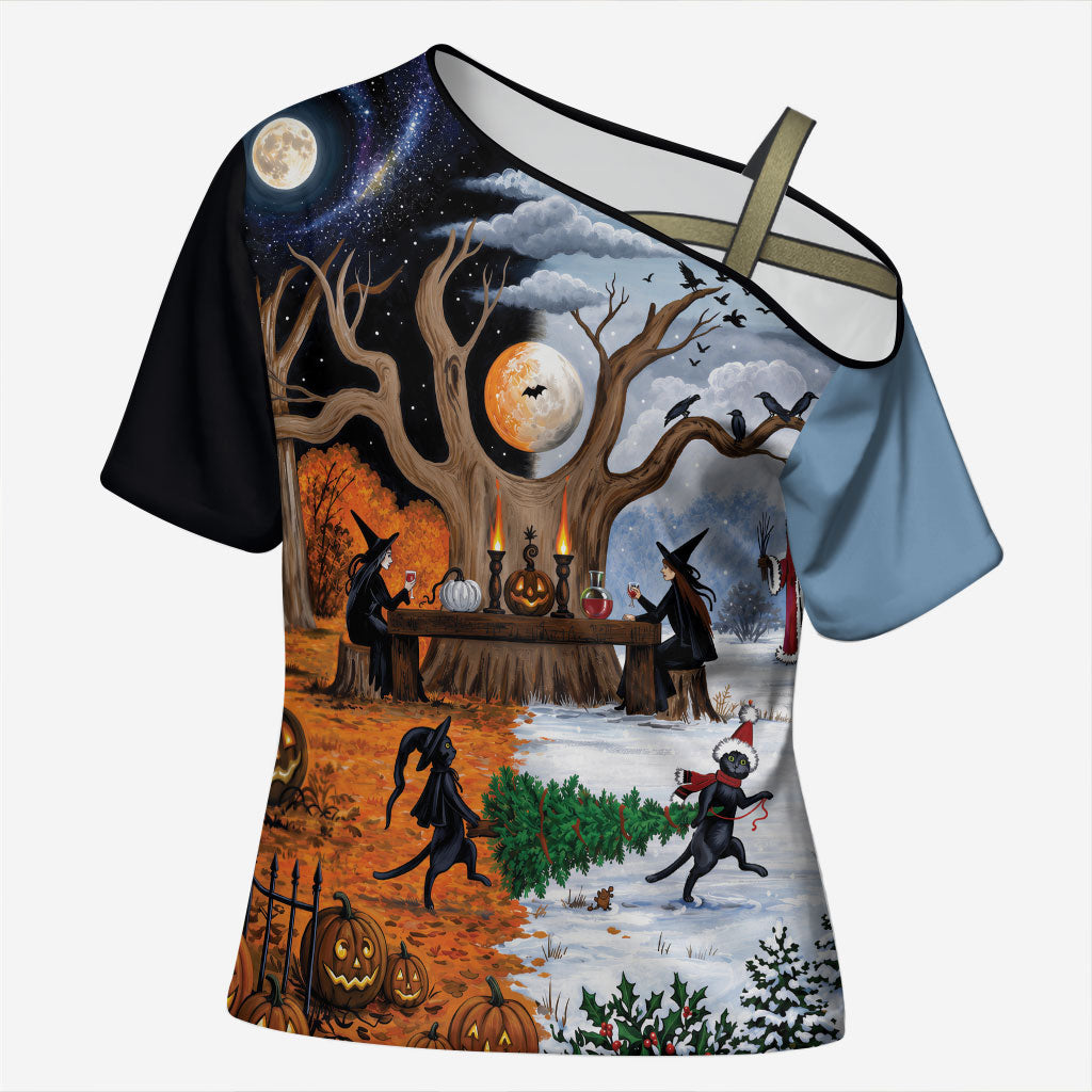 Halloween transitions into Christmas Cross Shoulder Shirt Witches And Black Cat
