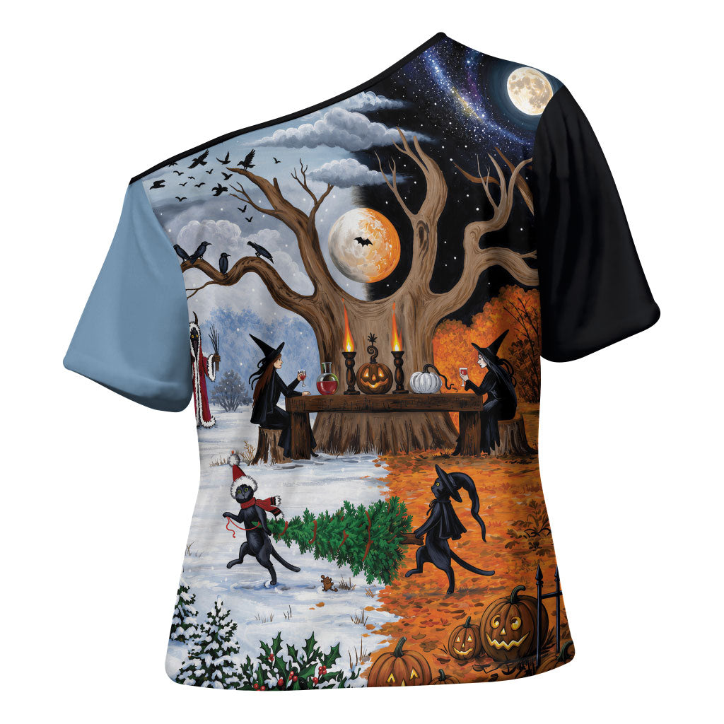 Halloween transitions into Christmas Cross Shoulder Shirt Witches And Black Cat