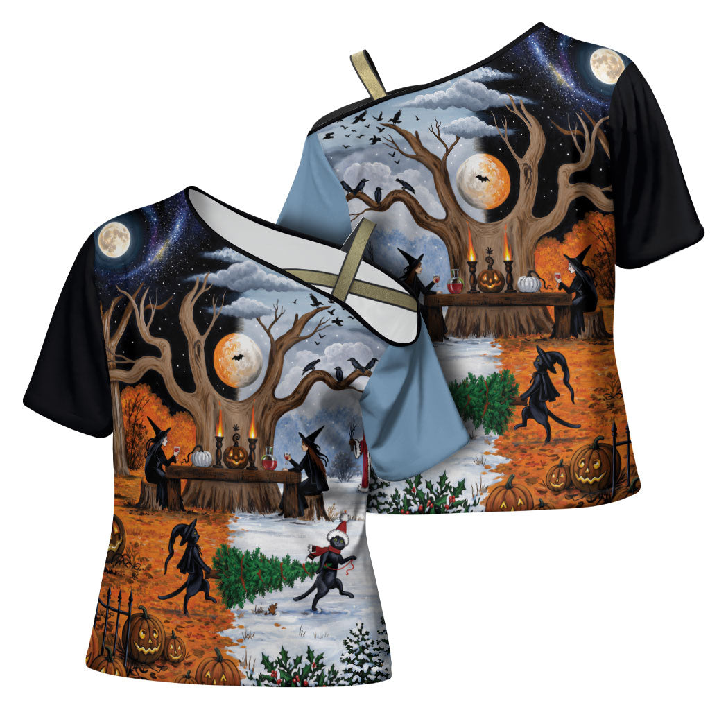 Halloween transitions into Christmas Cross Shoulder Shirt Witches And Black Cat