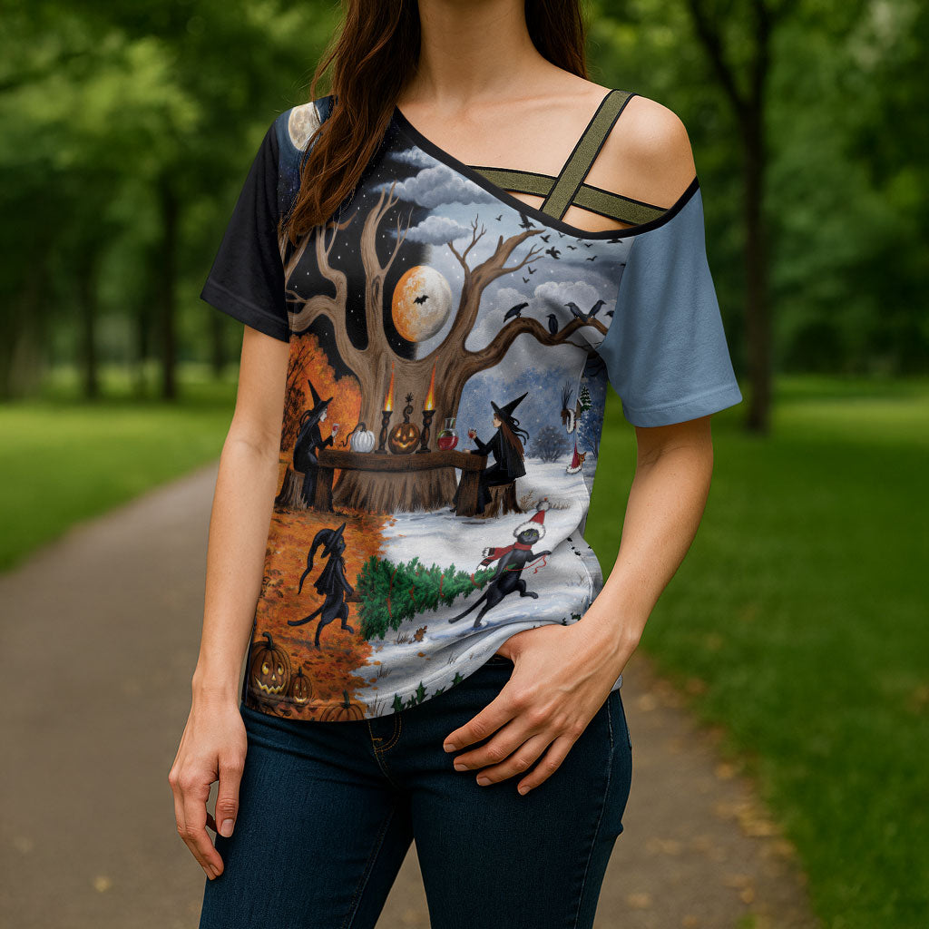 Halloween transitions into Christmas Cross Shoulder Shirt Witches And Black Cat