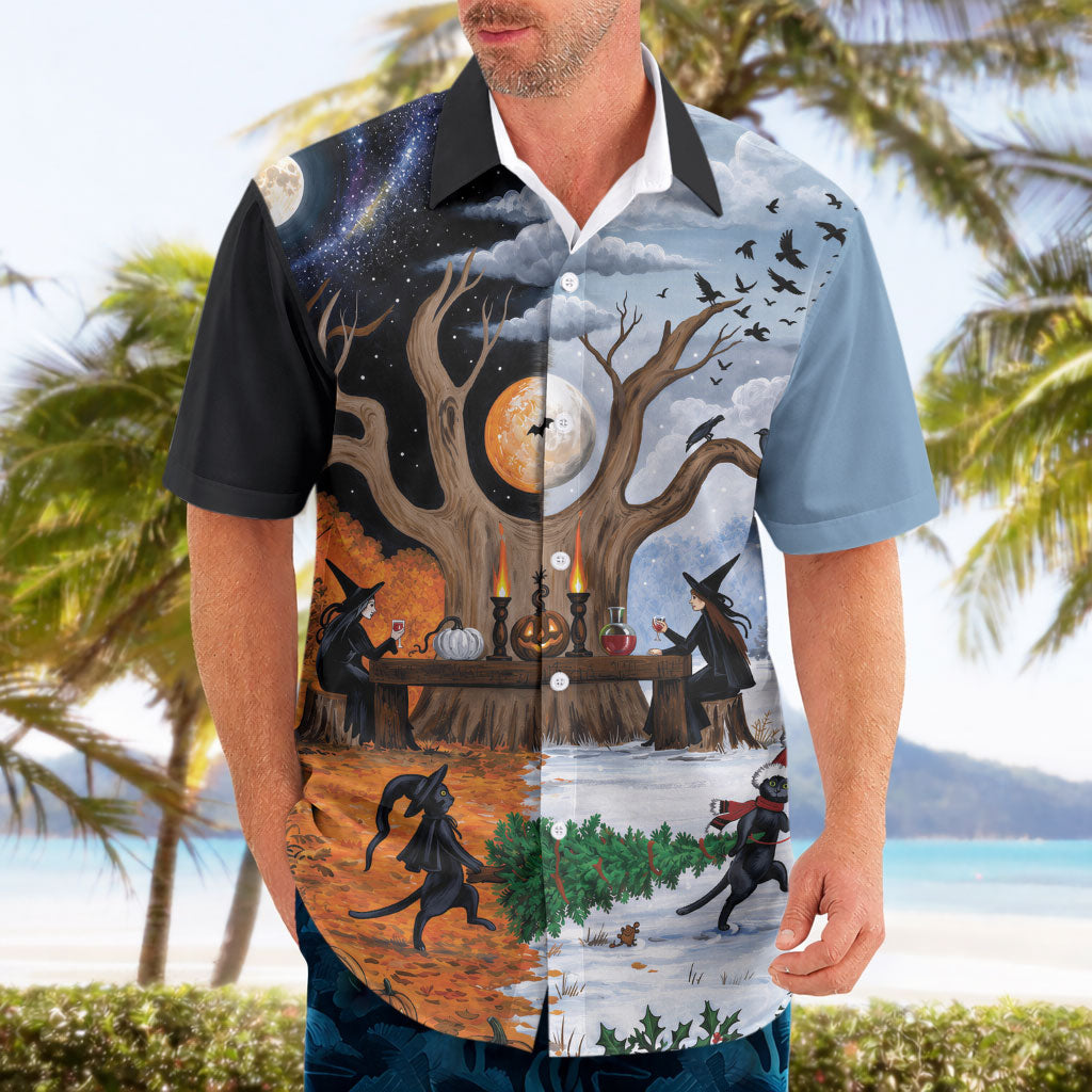 Halloween transitions into Christmas Hawaiian Shirt Witches And Black Cat