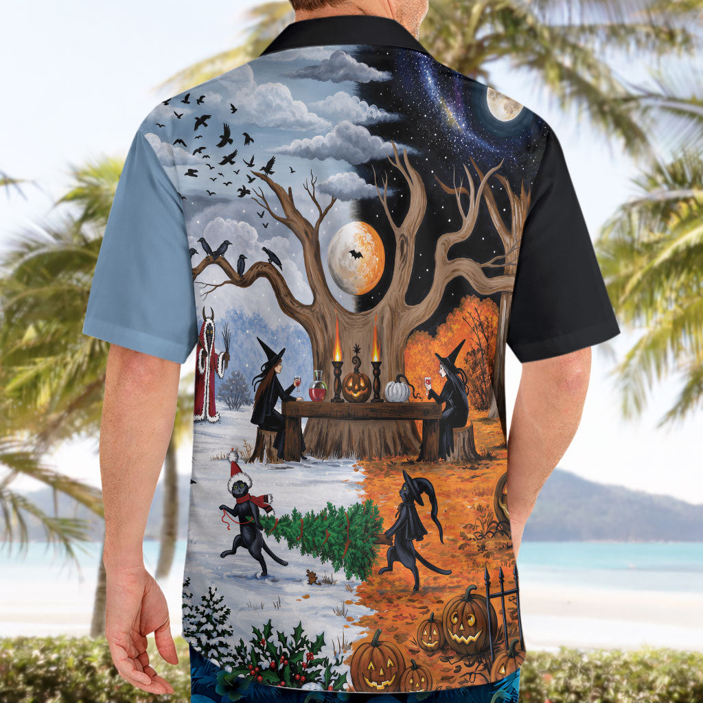 Halloween transitions into Christmas Hawaiian Shirt Witches And Black Cat