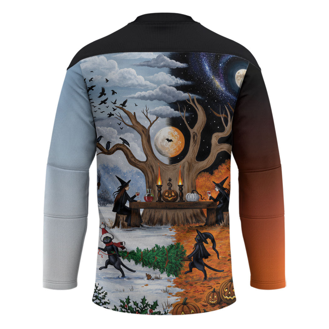 Halloween transitions into Christmas Hockey Jersey Witches And Black Cat