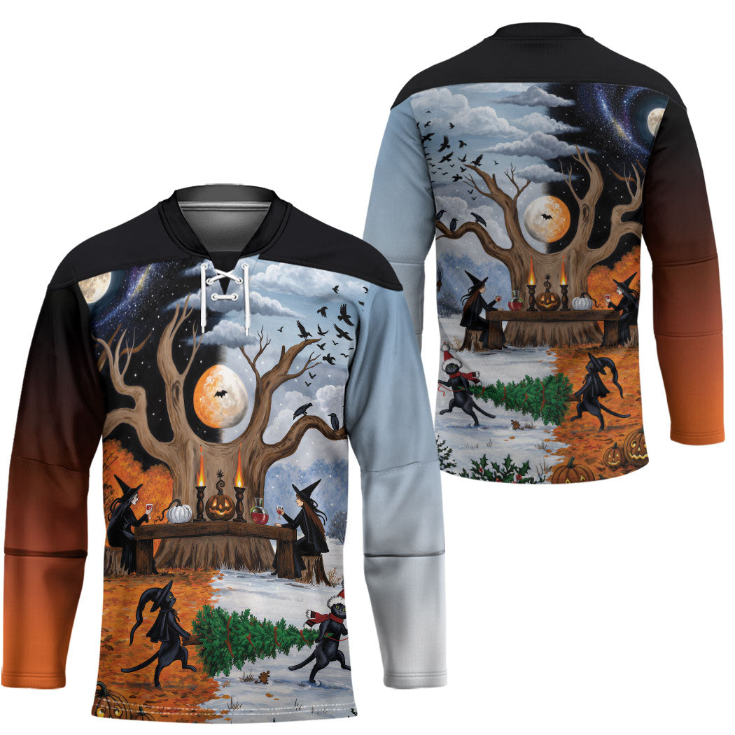 Halloween transitions into Christmas Hockey Jersey Witches And Black Cat