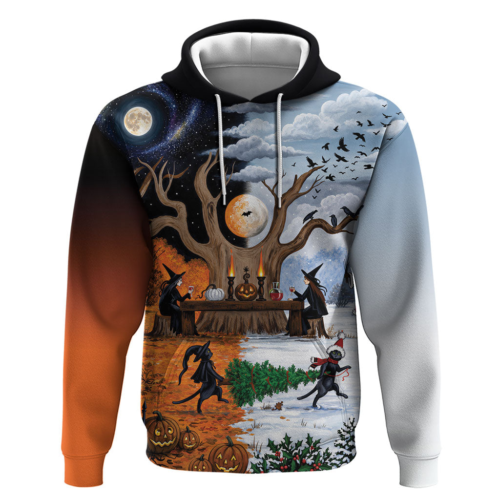 Halloween transitions into Christmas Hoodie Witches And Black Cat