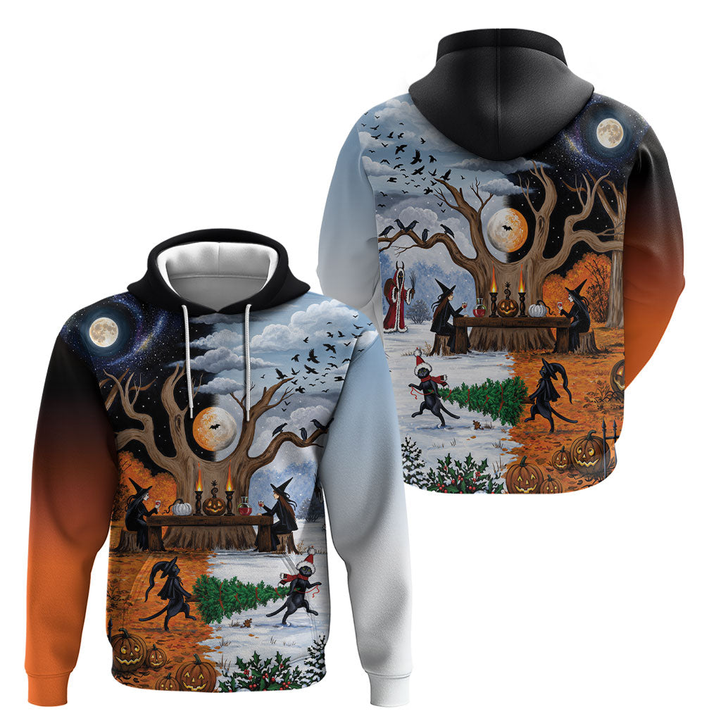 Halloween transitions into Christmas Hoodie Witches And Black Cat