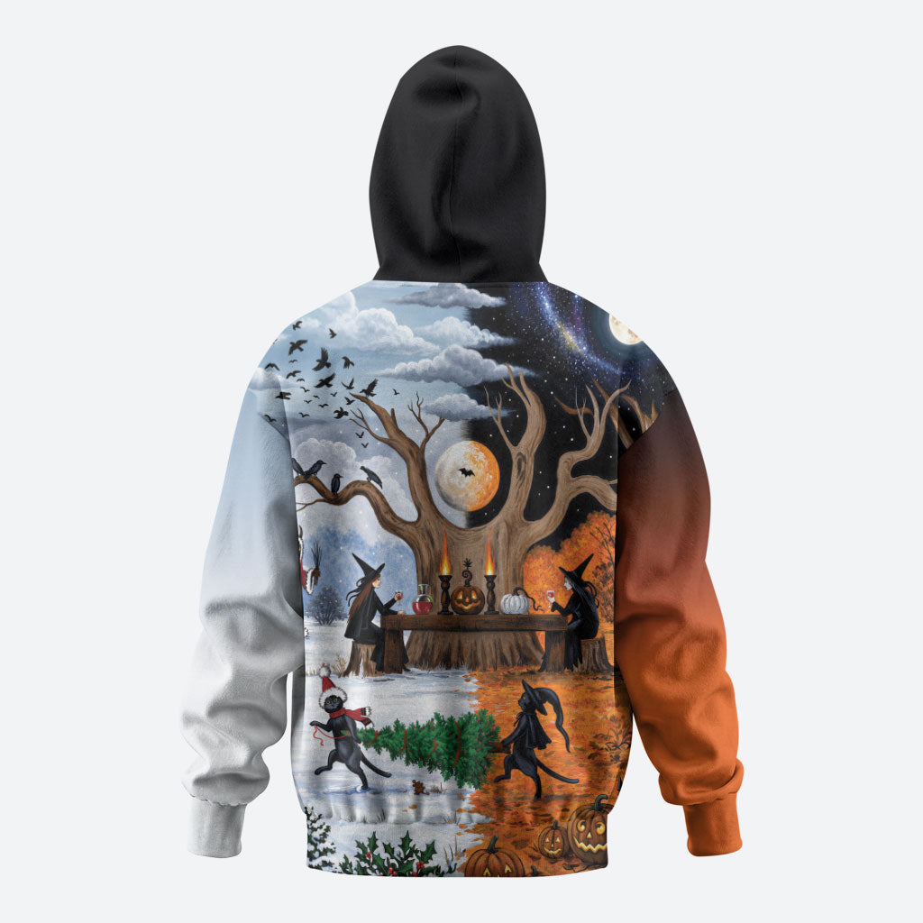 Halloween transitions into Christmas Hoodie Witches And Black Cat