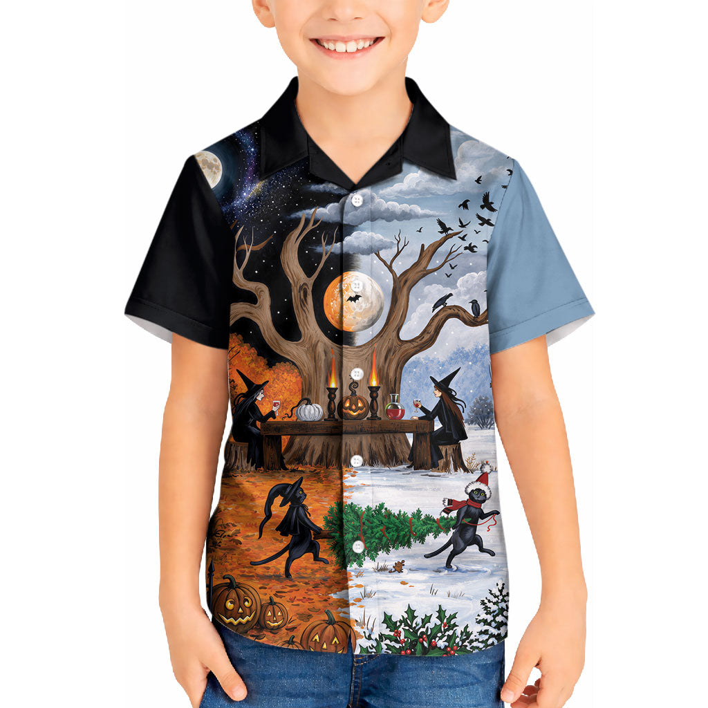 Halloween transitions into Christmas Kid Hawaiian Shirt Witches And Black Cat