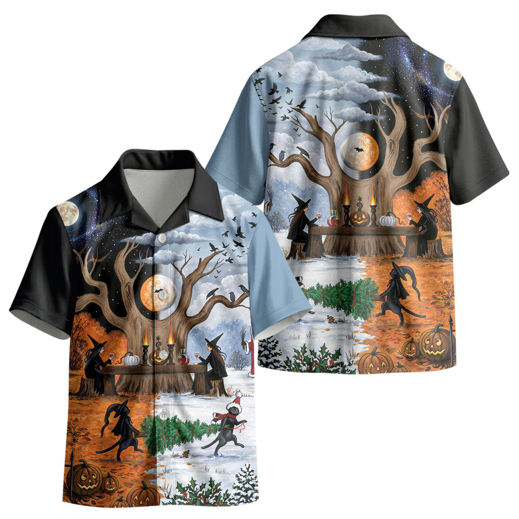 Halloween transitions into Christmas Kid Hawaiian Shirt Witches And Black Cat