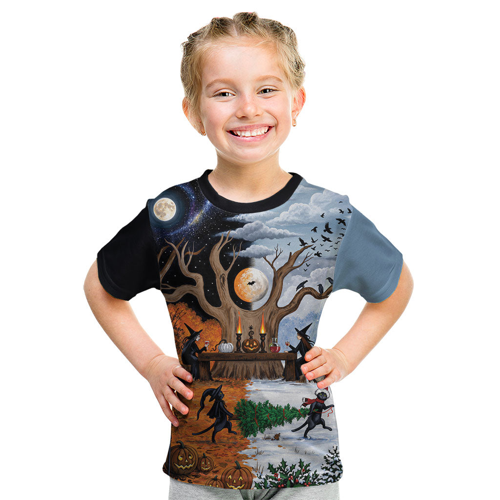 Halloween transitions into Christmas Kid T Shirt Witches And Black Cat
