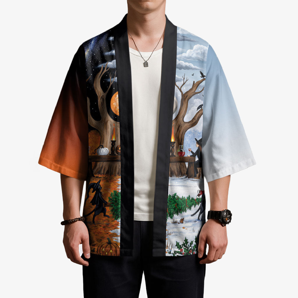 Halloween transitions into Christmas Kimono Witches And Black Cat