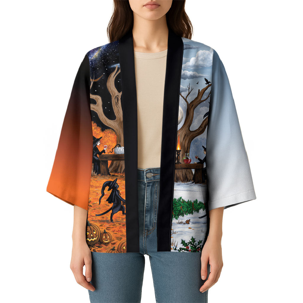 Halloween transitions into Christmas Kimono Witches And Black Cat