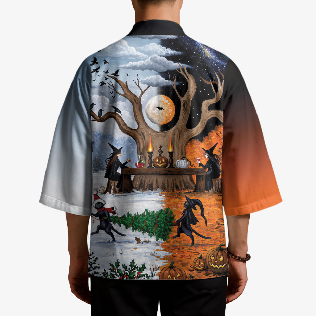 Halloween transitions into Christmas Kimono Witches And Black Cat