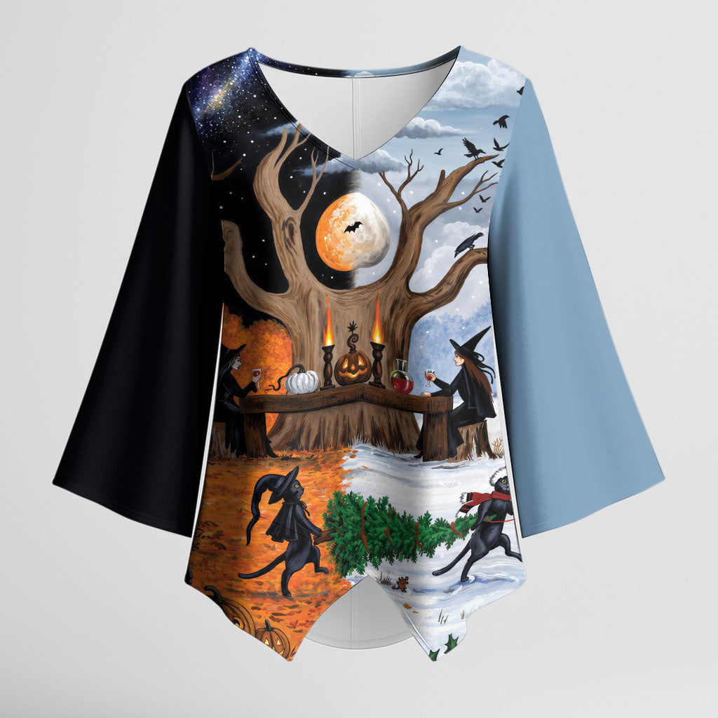 Halloween transitions into Christmas Kimono Sleeve Blouse Witches And Black Cat